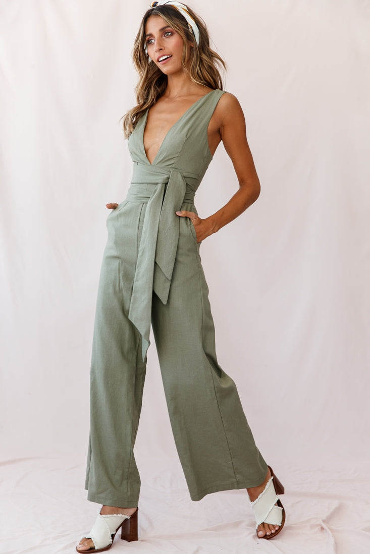 Dylan V-Neckline Wide Leg Jumpsuit Olive by Selfie Leslie