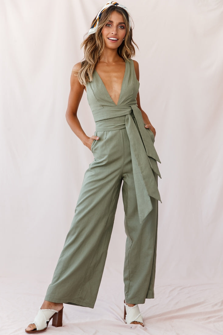 Dylan V-Neckline Wide Leg Jumpsuit Olive by Selfie Leslie