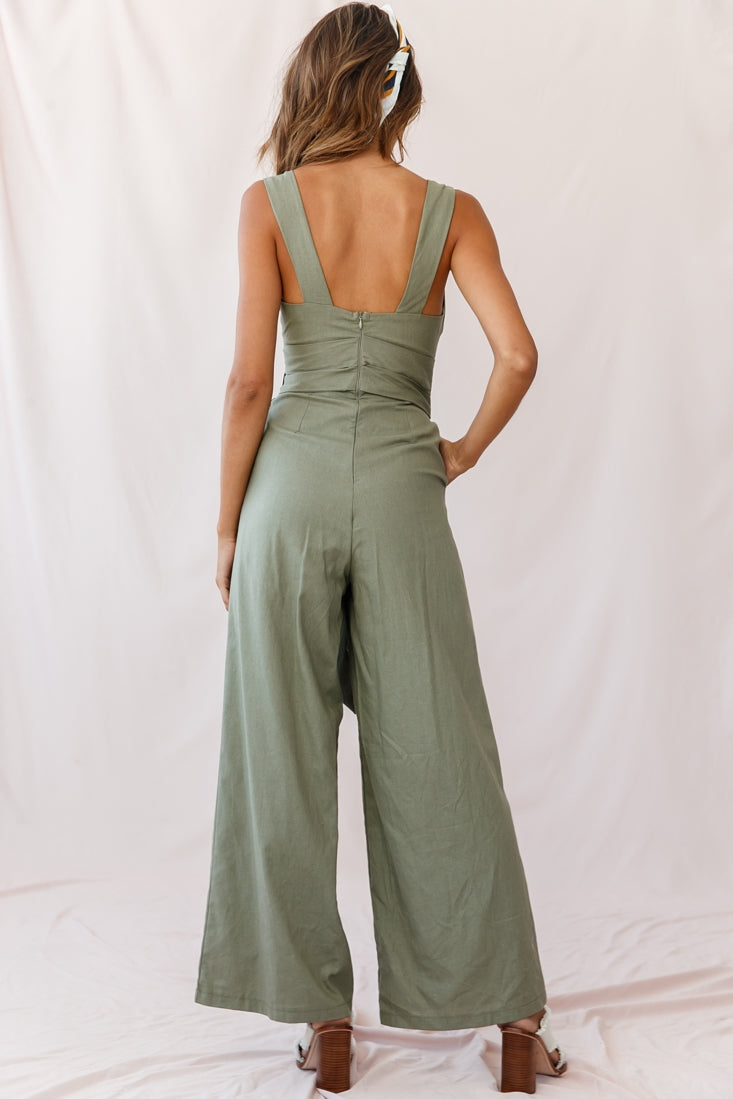 Dylan V-Neckline Wide Leg Jumpsuit Olive by Selfie Leslie