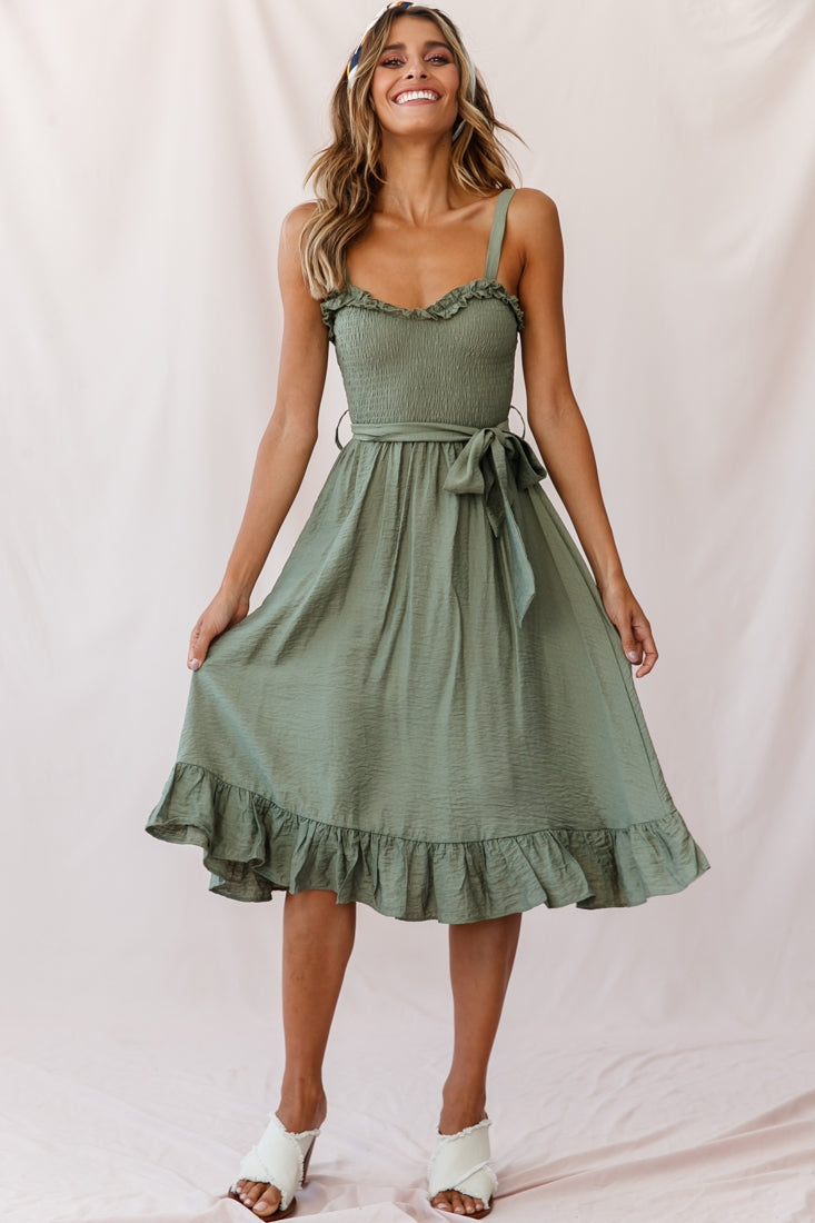 Honey Shirred Frill Midi Dress Olive by Selfie Leslie