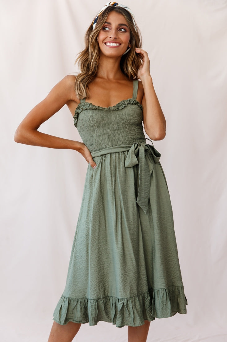 Honey Shirred Frill Midi Dress Olive by Selfie Leslie