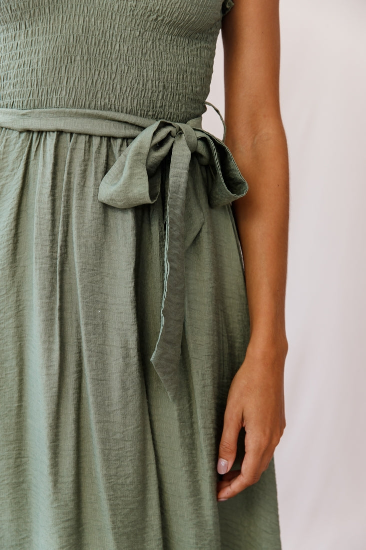 Honey Shirred Frill Midi Dress Olive by Selfie Leslie