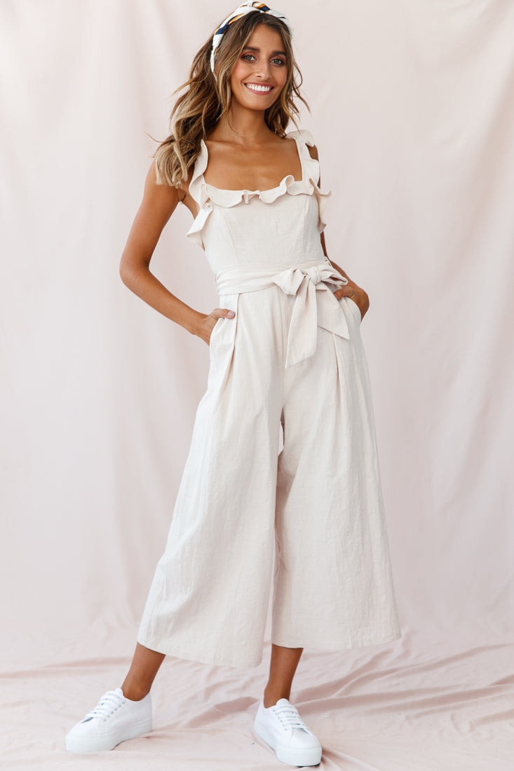 Kaia Ruffle Strap Wide-Leg Capri Jumpsuit Beige by Selfie Leslie