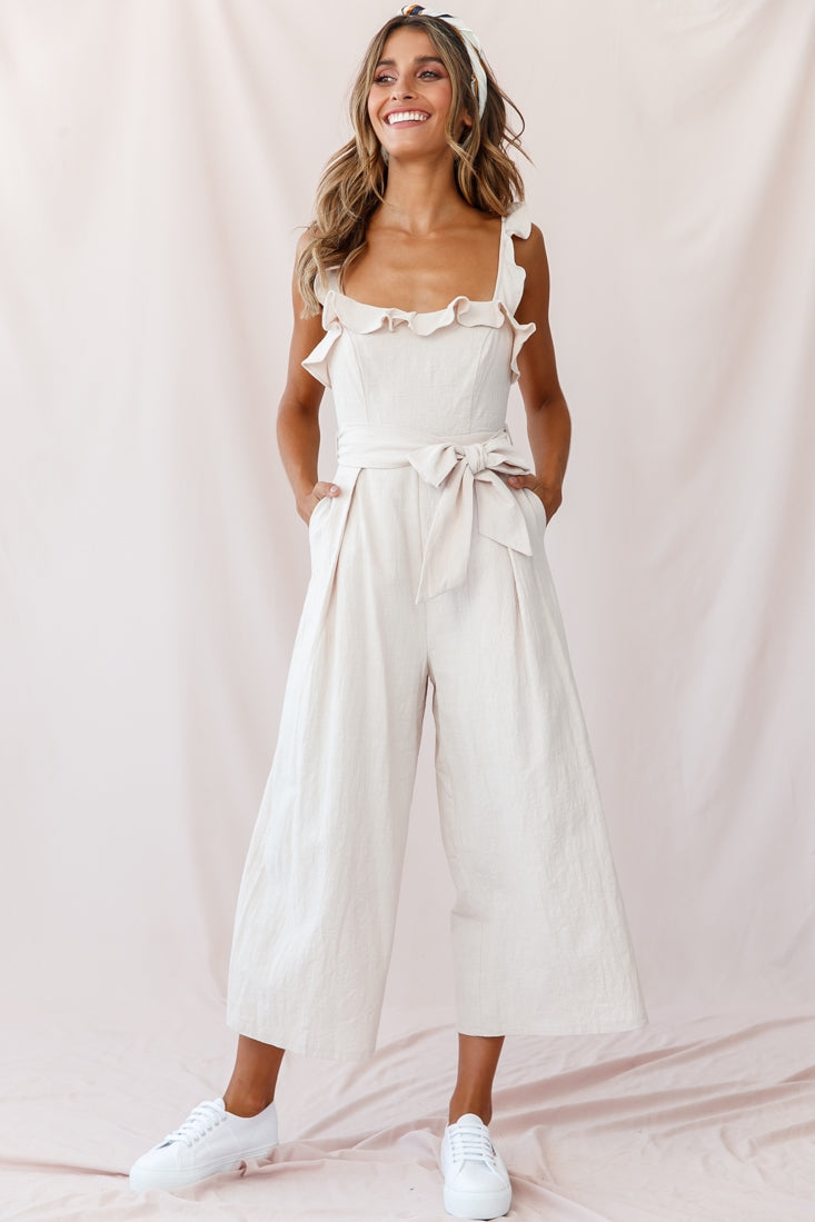Kaia Ruffle Strap Wide-Leg Capri Jumpsuit Beige by Selfie Leslie