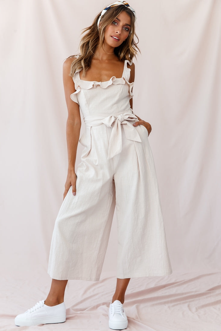 Kaia Ruffle Strap Wide-Leg Capri Jumpsuit Beige by Selfie Leslie