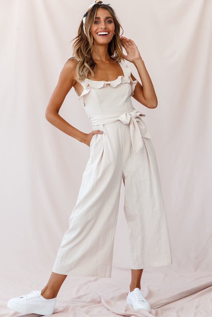 Kaia Ruffle Strap Wide-Leg Capri Jumpsuit Beige by Selfie Leslie