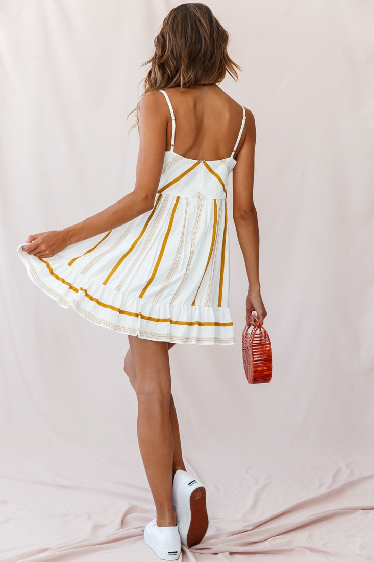 Elsie Square Neckline Frill Hem Swing Dress Stripe Print Mustard by Selfie Leslie