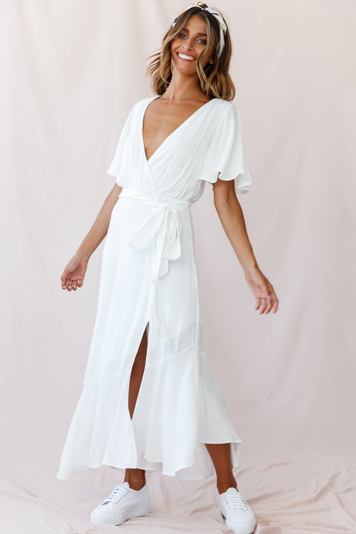Friday Surplice Neckline Front Split Maxi Dress White by Selfie Leslie