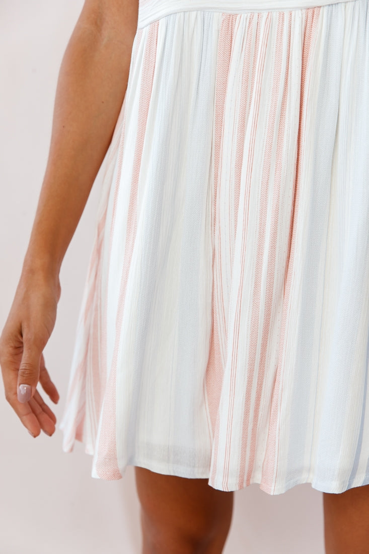 Susie Rolled Sleeve Crew Neck Swing Dress Stripe Print Blue/Peach by Selfie Leslie