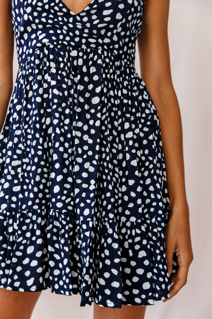 Elin Fit And Flare Halterneck Dress Animal Print Navy by Selfie Leslie
