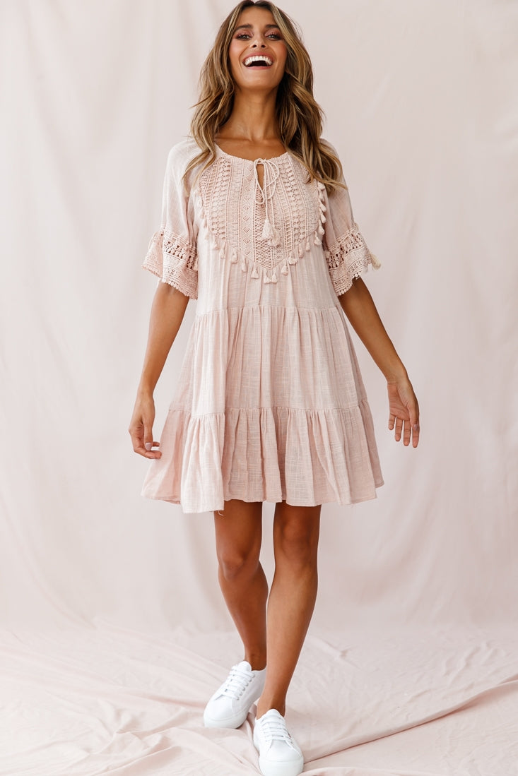 Jada Crochet and Tassel Kaftan Dress Beige by Selfie Leslie