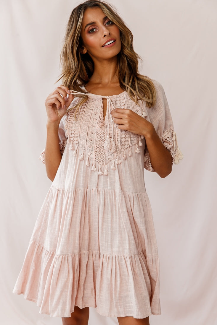 Jada Crochet and Tassel Kaftan Dress Beige by Selfie Leslie