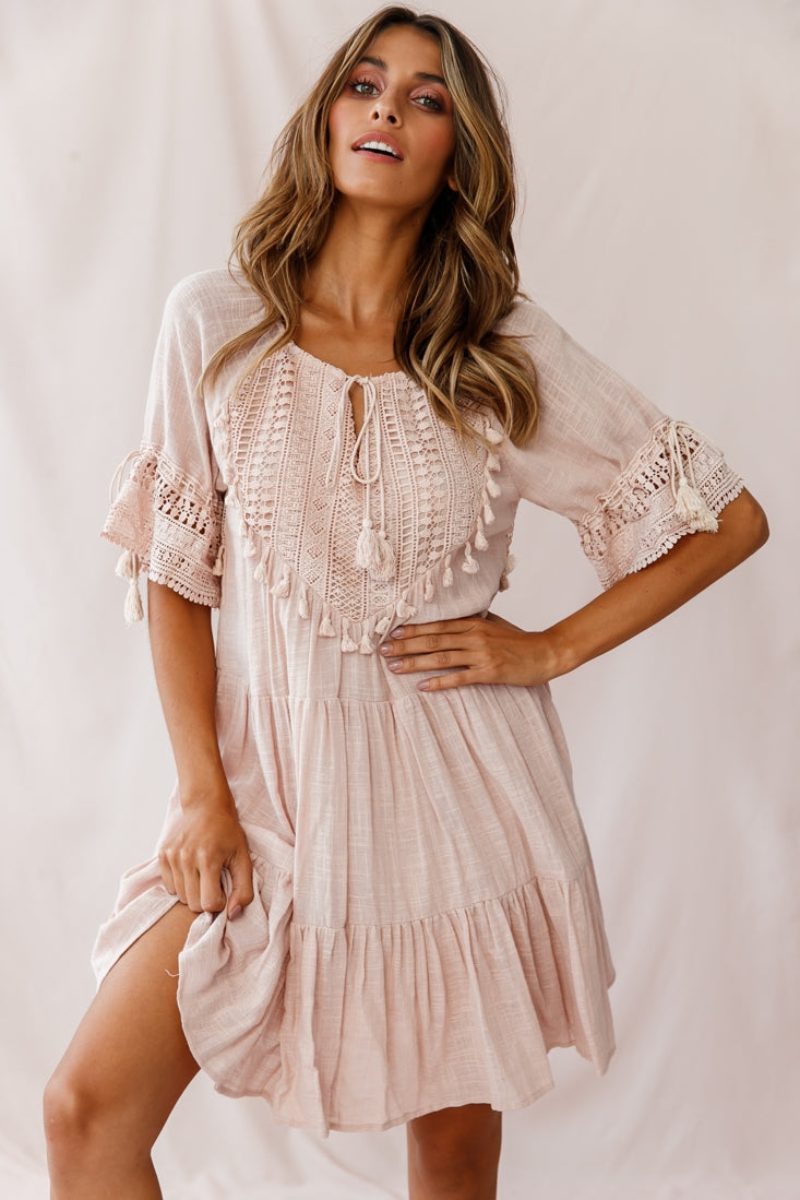 Jada Crochet and Tassel Kaftan Dress Beige by Selfie Leslie