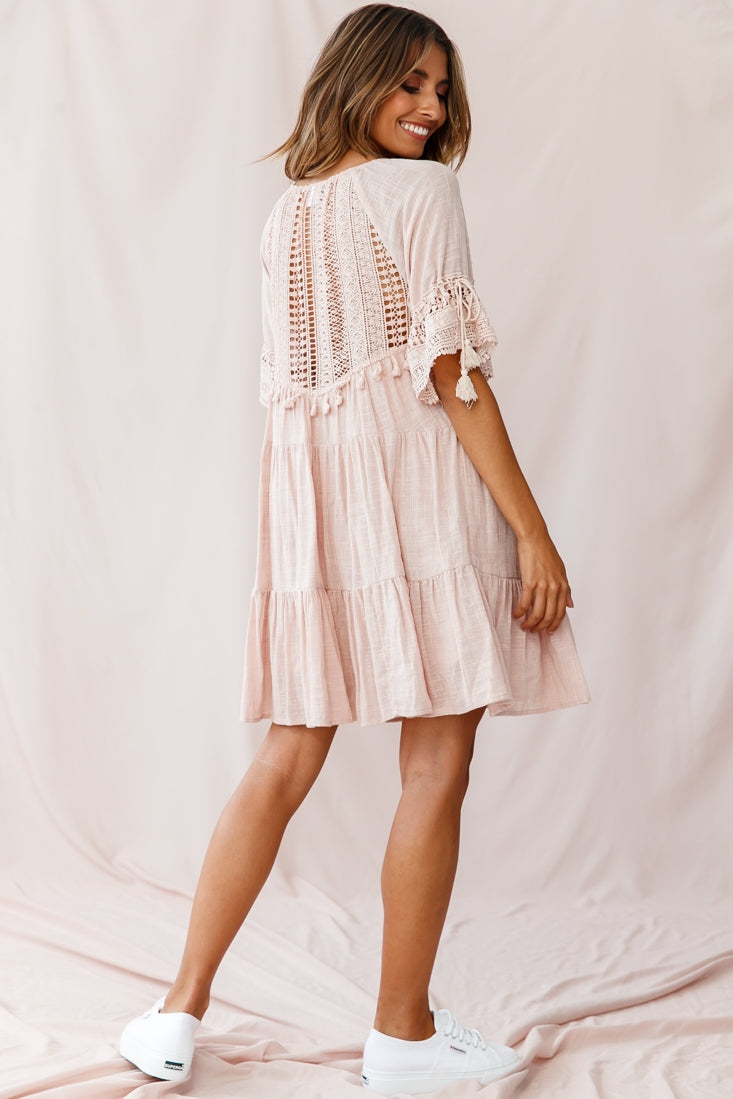 Jada Crochet and Tassel Kaftan Dress Beige by Selfie Leslie