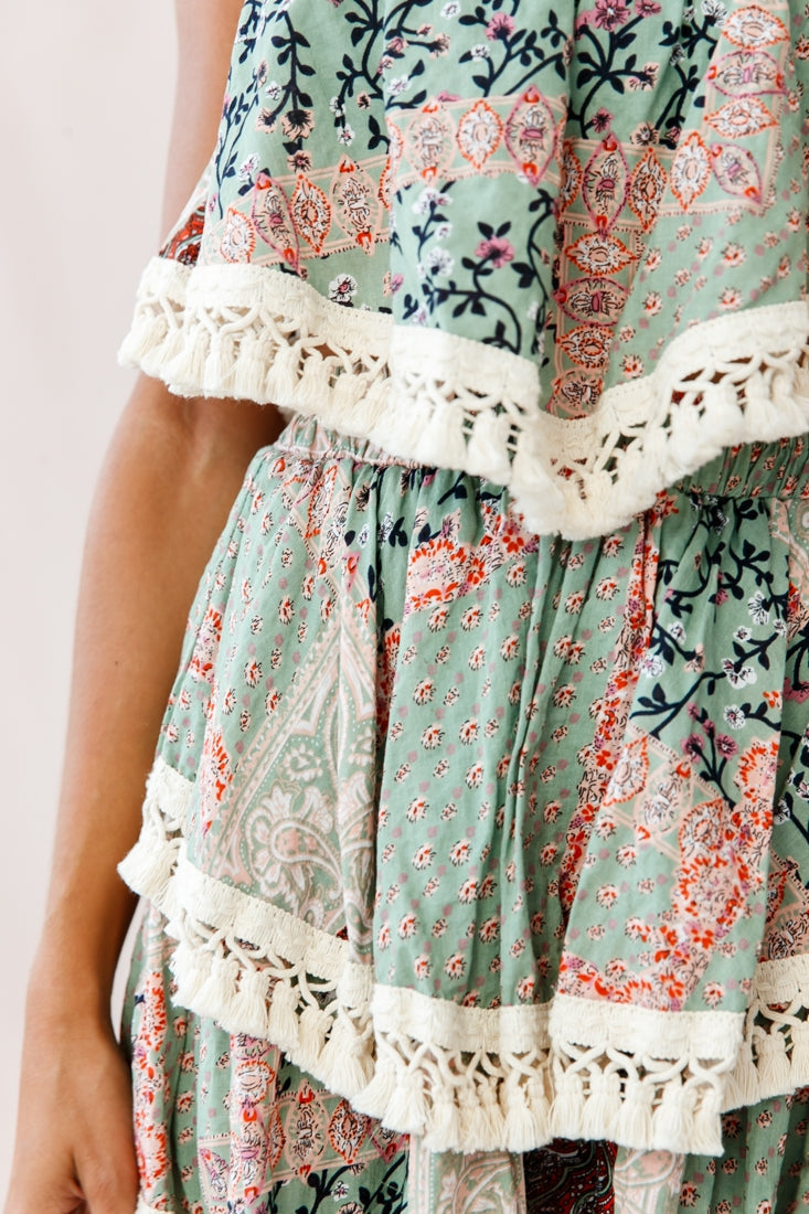 Palau Tassel-Trimmed Paisley Skirt Olive by Selfie Leslie