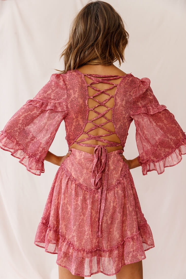 Albany Lace Up Back Frill Dress Pink by Selfie Leslie