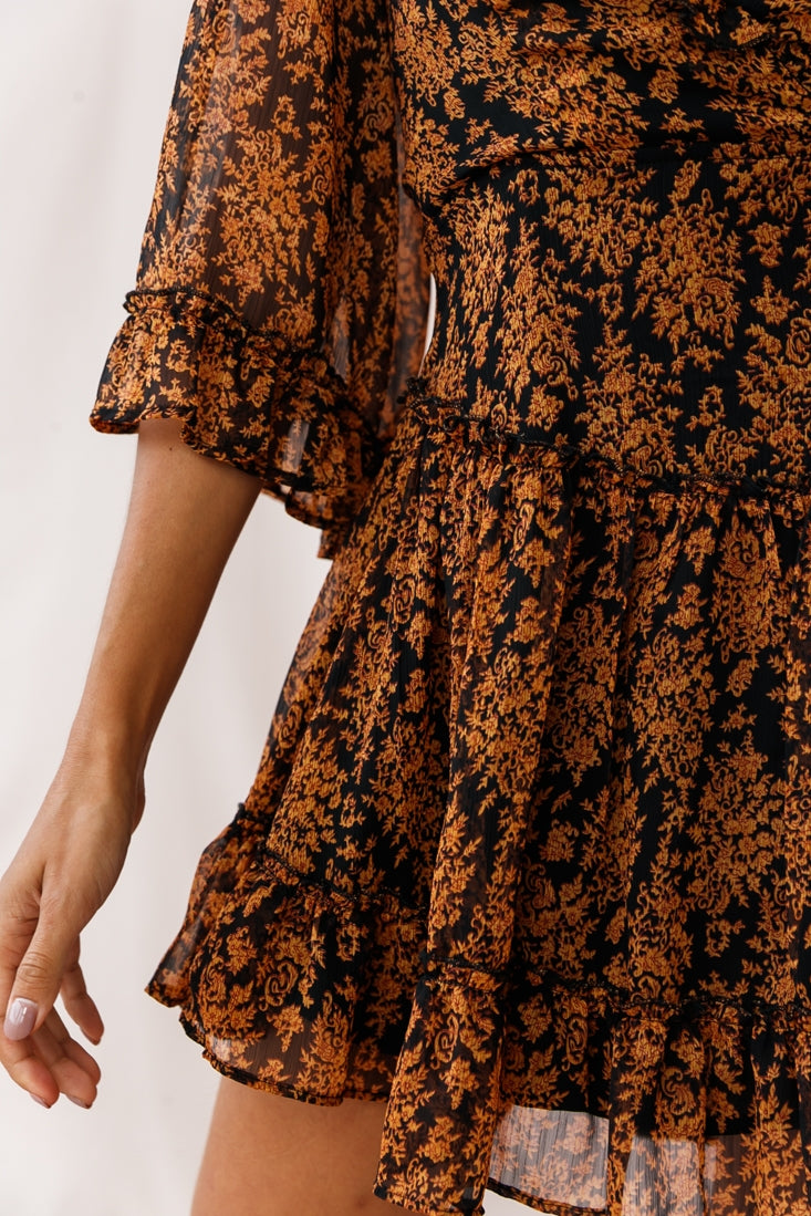 Albany Lace Up Back Frill Dress Black/Orange by Selfie Leslie