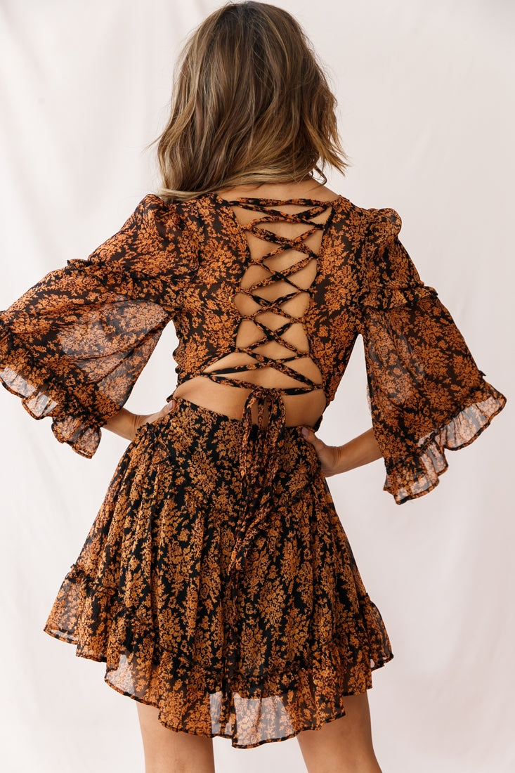 Albany Lace Up Back Frill Dress Black/Orange by Selfie Leslie
