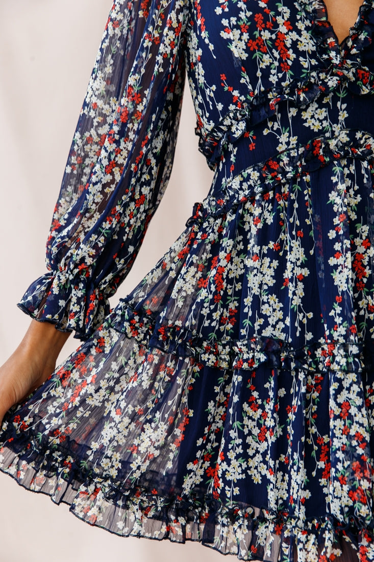 Laney Cutout Back Ruffle Detail Floral Dress Navy by Selfie Leslie