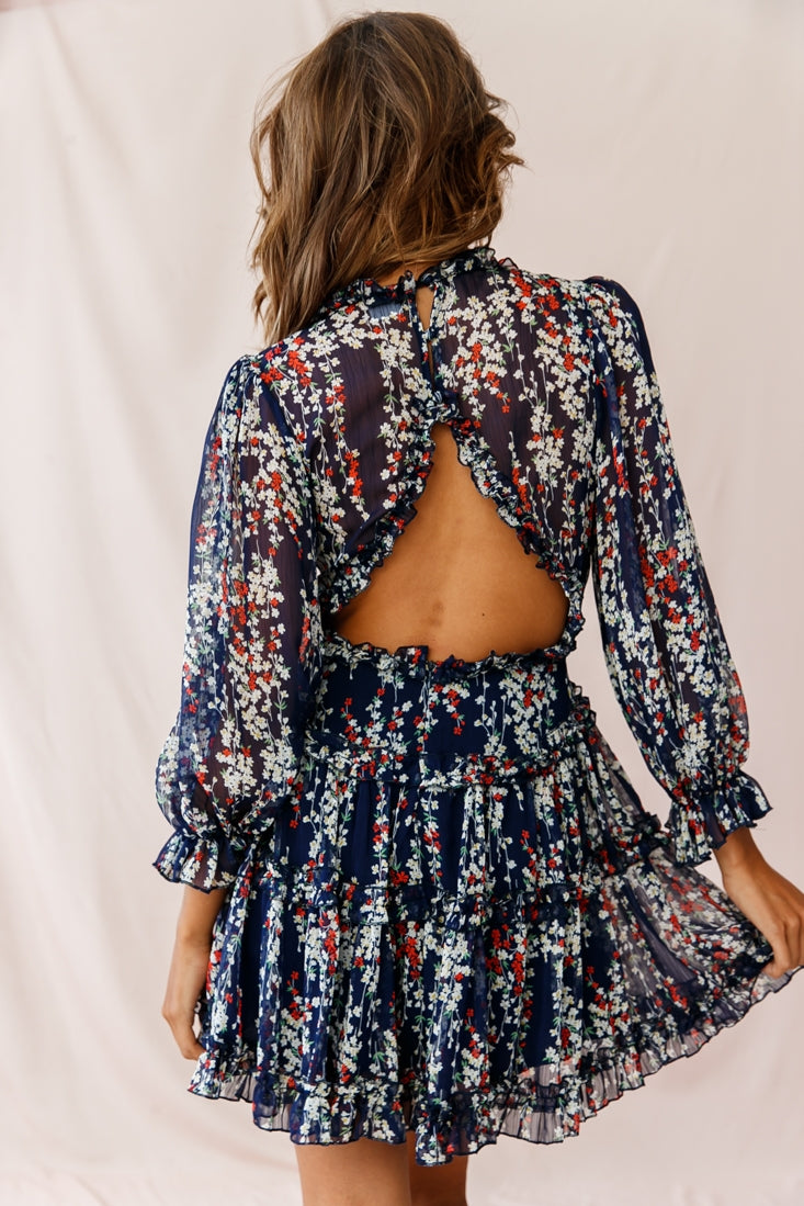 Laney Cutout Back Ruffle Detail Floral Dress Navy by Selfie Leslie
