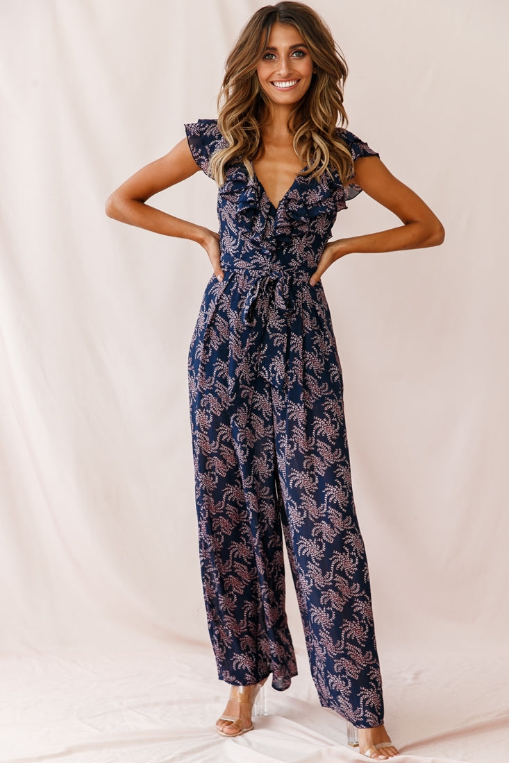 Marcia Ruffle Strap Wide Leg Jumpsuit Floral Print Navy/Pink by Selfie Leslie