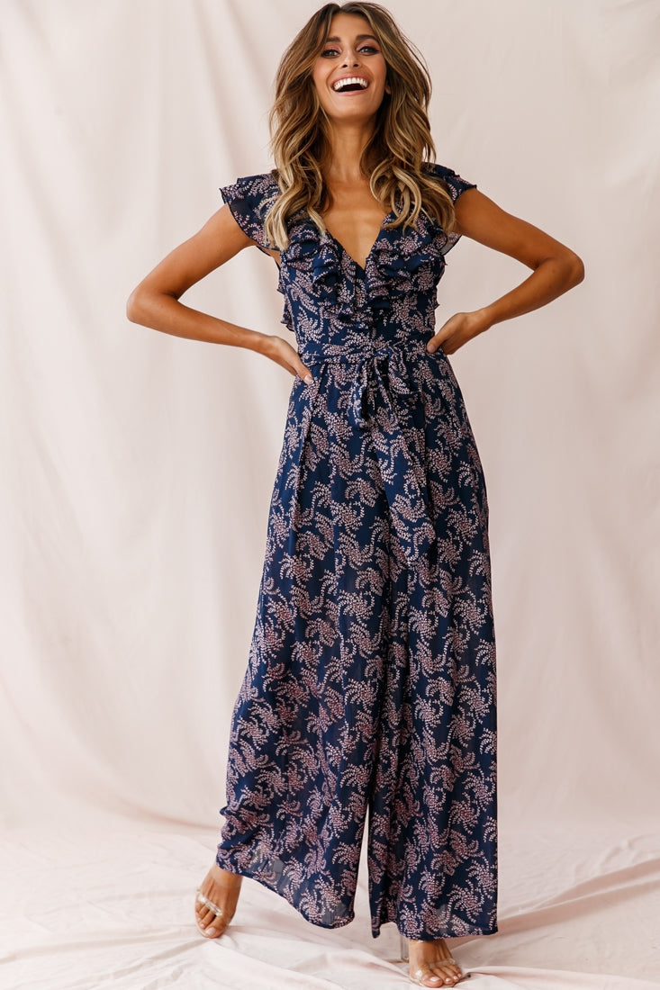 Marcia Ruffle Strap Wide Leg Jumpsuit Floral Print Navy/Pink by Selfie Leslie