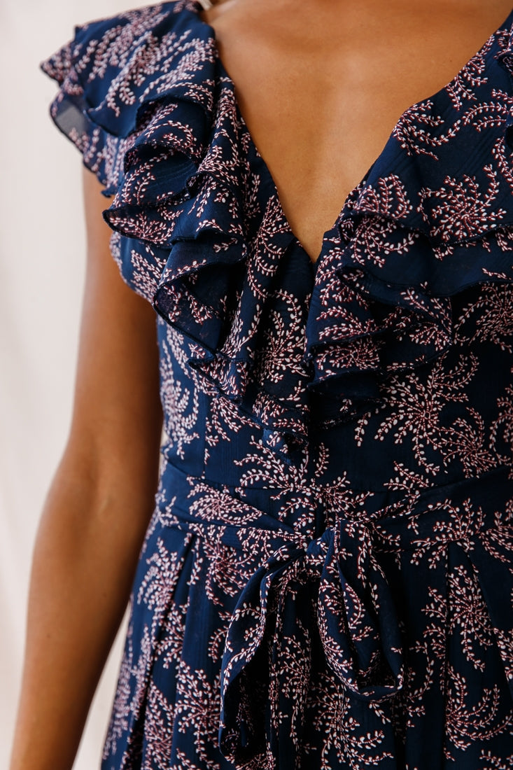 Marcia Ruffle Strap Wide Leg Jumpsuit Floral Print Navy/Pink by Selfie Leslie