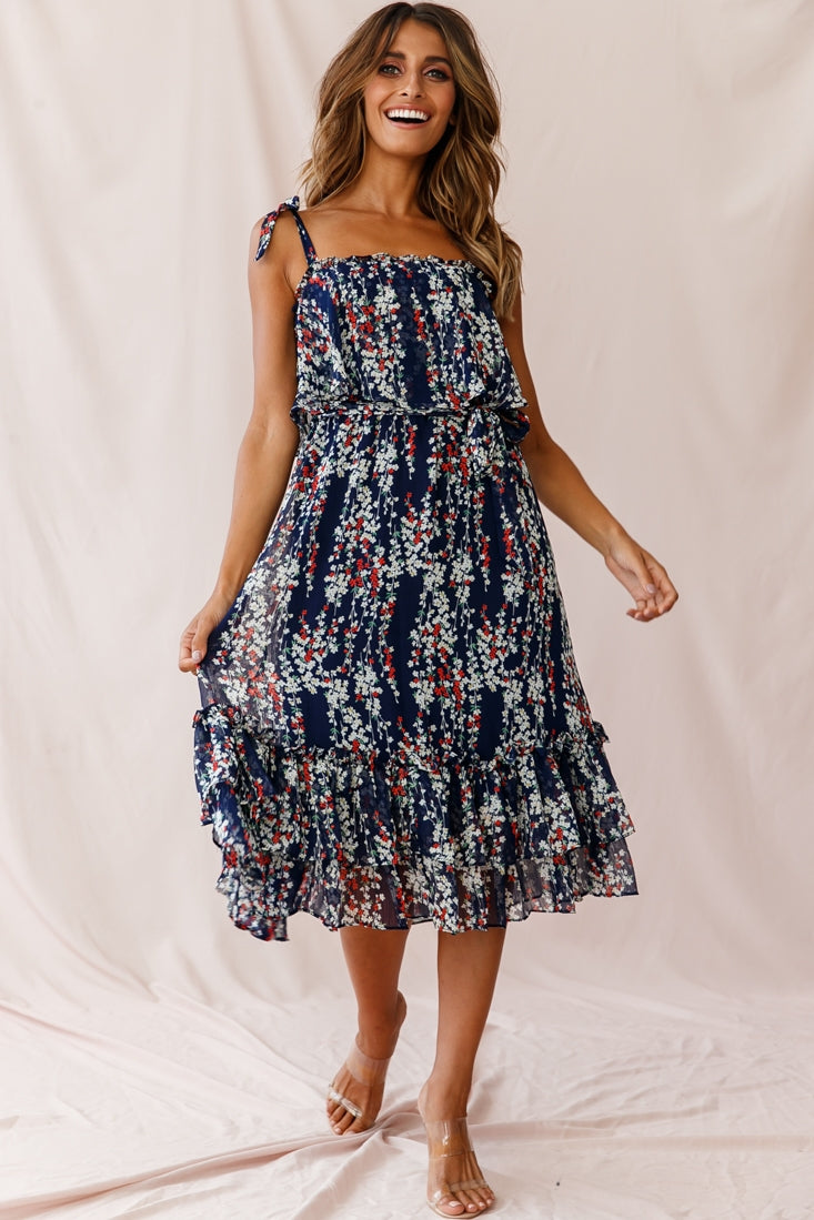 Maeve Shoulder Tie Layered Ruffle Dress Navy by Selfie Leslie