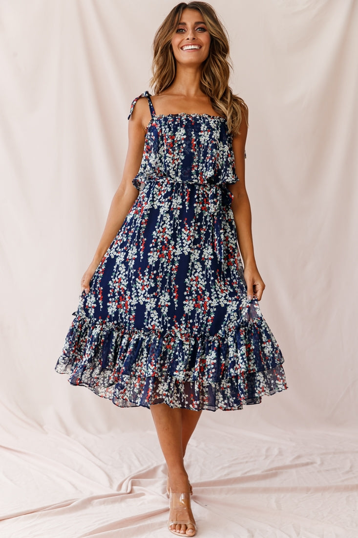 Maeve Shoulder Tie Layered Ruffle Dress Navy by Selfie Leslie
