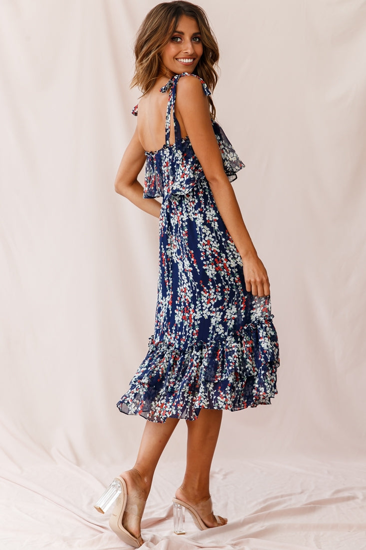 Maeve Shoulder Tie Layered Ruffle Dress Navy by Selfie Leslie