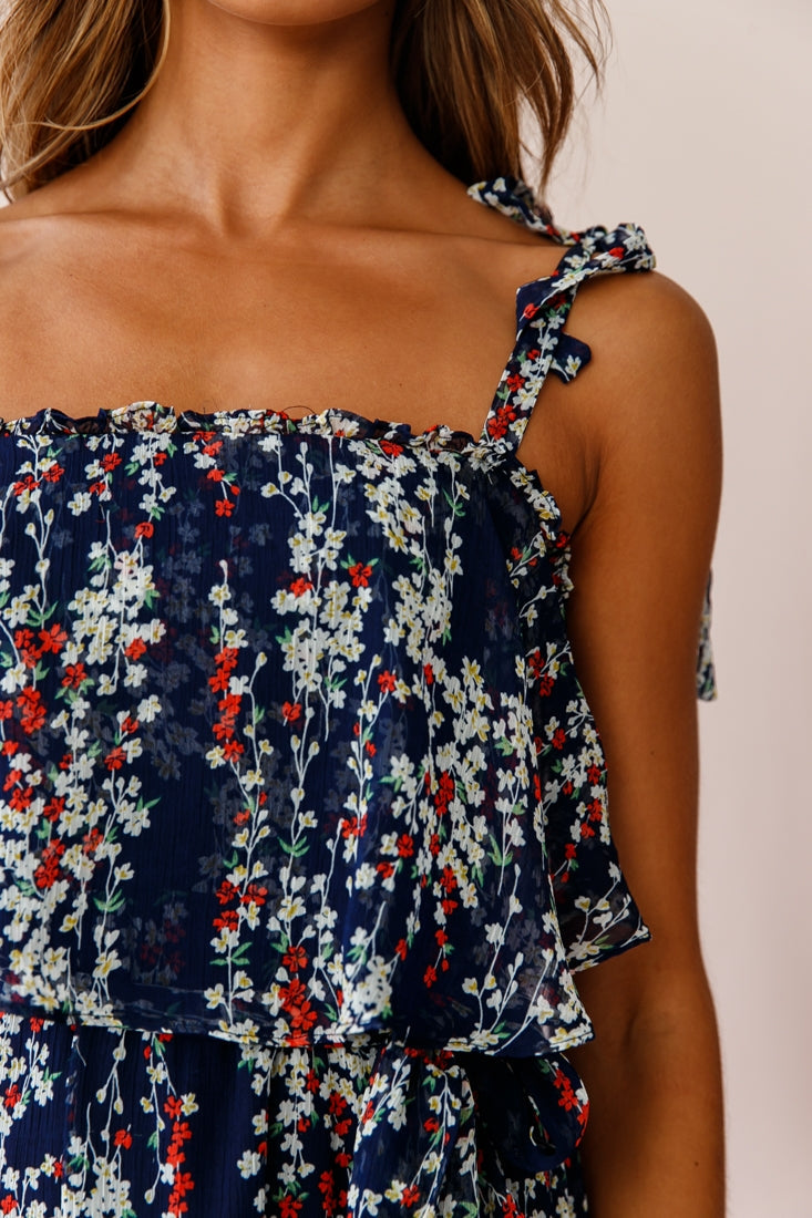 Maeve Shoulder Tie Layered Ruffle Dress Navy by Selfie Leslie