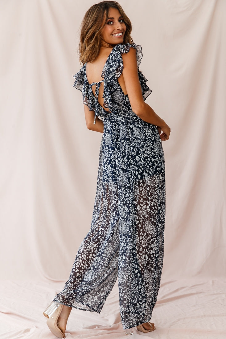 Marcia Ruffle Strap Wide Leg Jumpsuit Navy/White by Selfie Leslie