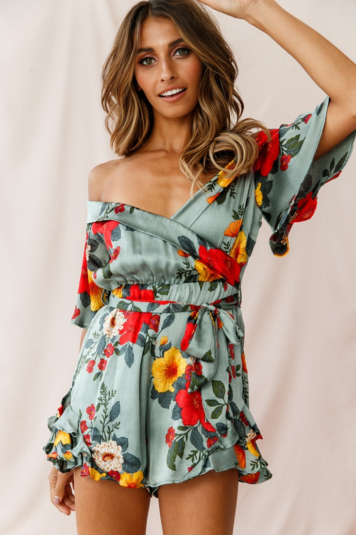 Ambrosia Off-Shoulder Floral Romper Sage by Selfie Leslie