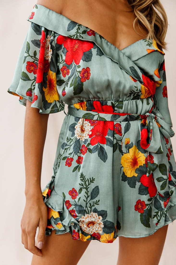 Ambrosia Off-Shoulder Floral Romper Sage by Selfie Leslie