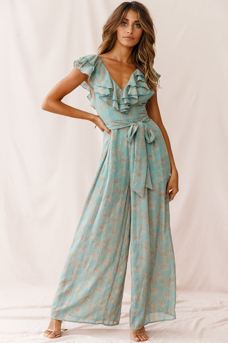 Marcia Ruffle Strap Wide Leg Jumpsuit Floral Print Sage by Selfie Leslie