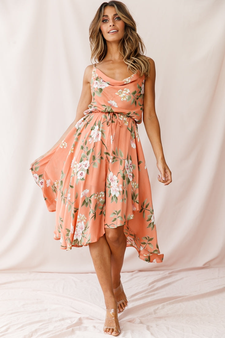 Ava Cowl Neck Drawstring Midi Dress Floral Print Peach by Selfie Leslie