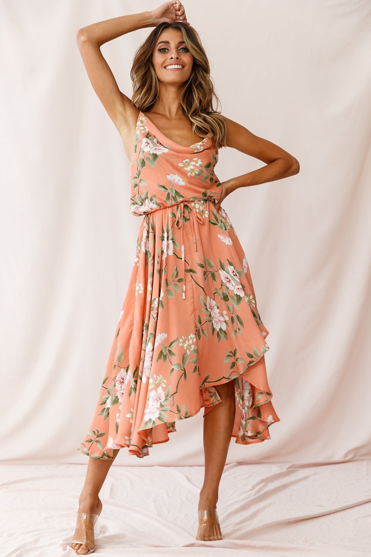 Ava Cowl Neck Drawstring Midi Dress Floral Print Peach by Selfie Leslie