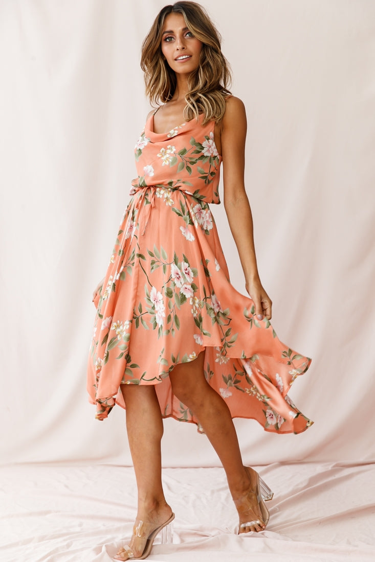 Ava Cowl Neck Drawstring Midi Dress Floral Print Peach by Selfie Leslie