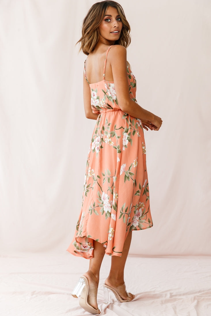 Ava Cowl Neck Drawstring Midi Dress Floral Print Peach by Selfie Leslie