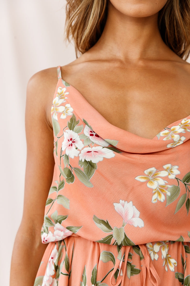 Ava Cowl Neck Drawstring Midi Dress Floral Print Peach by Selfie Leslie