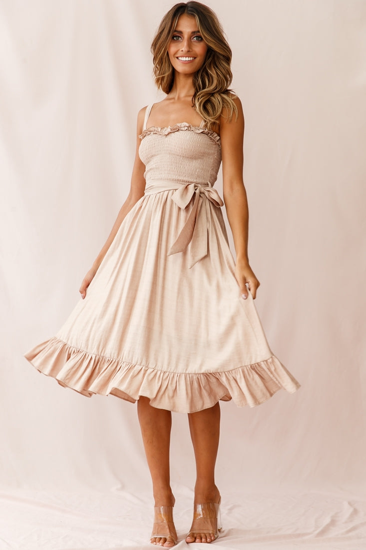 Honey Shirred Frill Midi Dress Mocha by Selfie Leslie