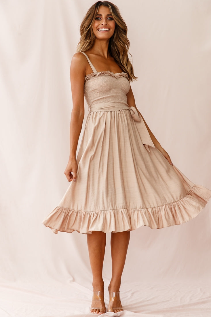 Honey Shirred Frill Midi Dress Mocha by Selfie Leslie