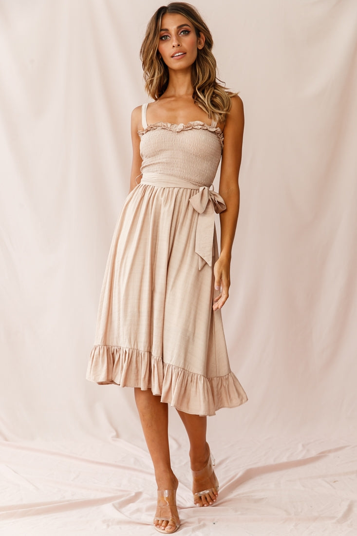 Honey Shirred Frill Midi Dress Mocha by Selfie Leslie