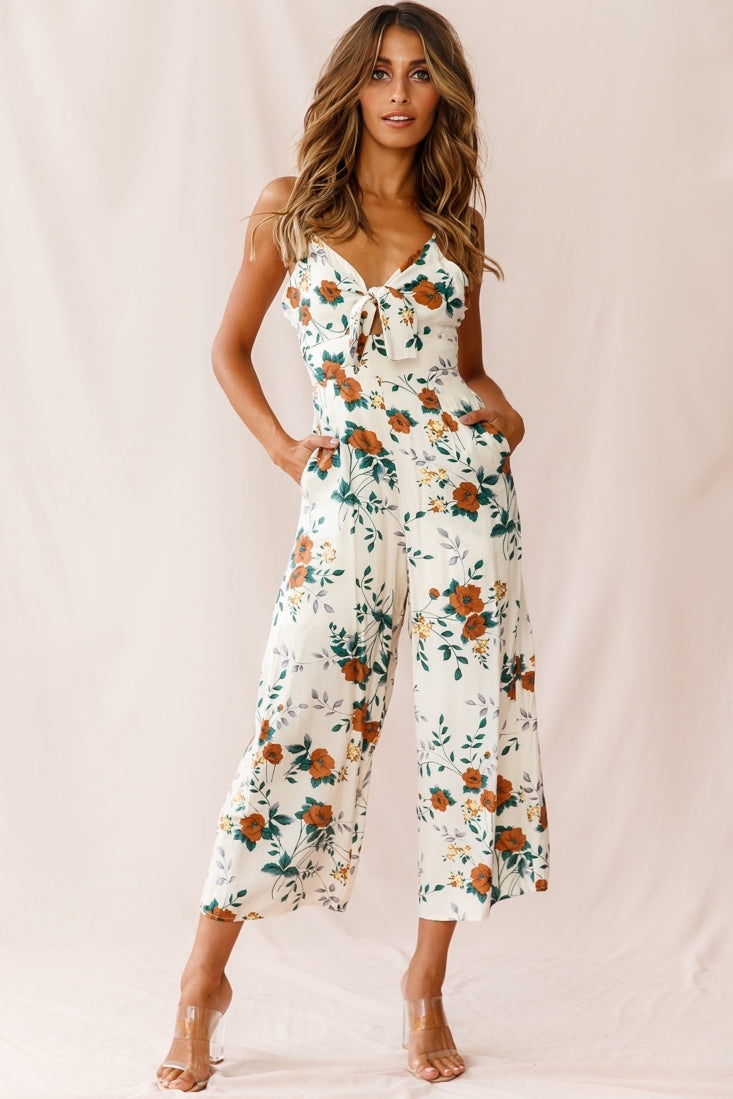 Call Me Wide-Leg Tied Bust Jumpsuit Floral Print Beige by Selfie Leslie