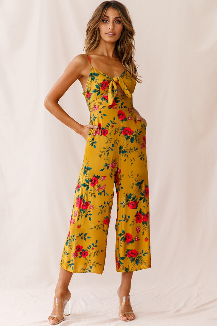 Call Me Wide-Leg Tied Bust Jumpsuit Floral Print Mustard by Selfie Leslie