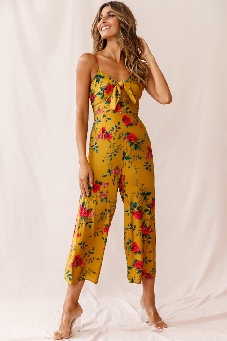 Call Me Wide-Leg Tied Bust Jumpsuit Floral Print Mustard by Selfie Leslie