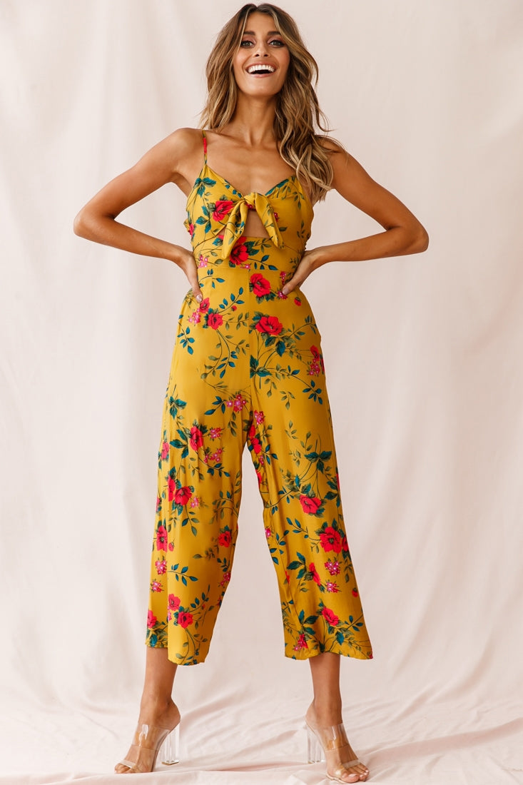 Call Me Wide-Leg Tied Bust Jumpsuit Floral Print Mustard by Selfie Leslie