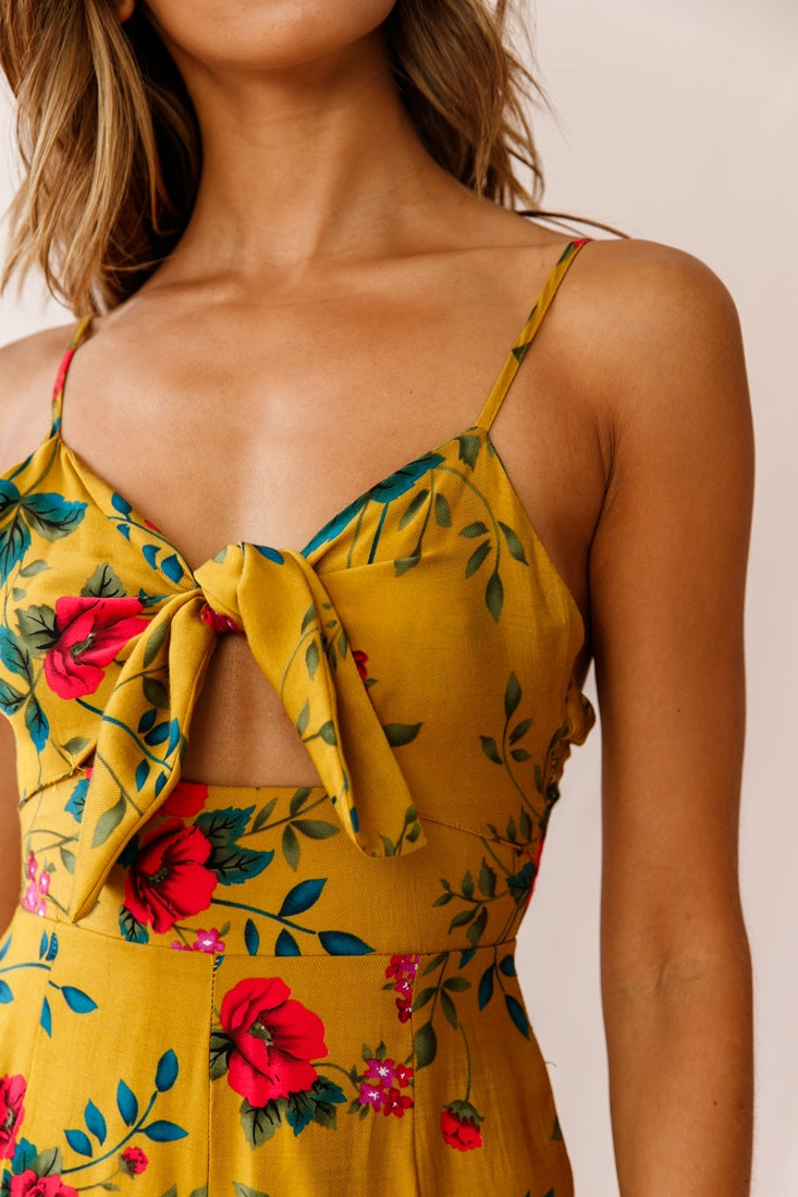 Call Me Wide-Leg Tied Bust Jumpsuit Floral Print Mustard by Selfie Leslie