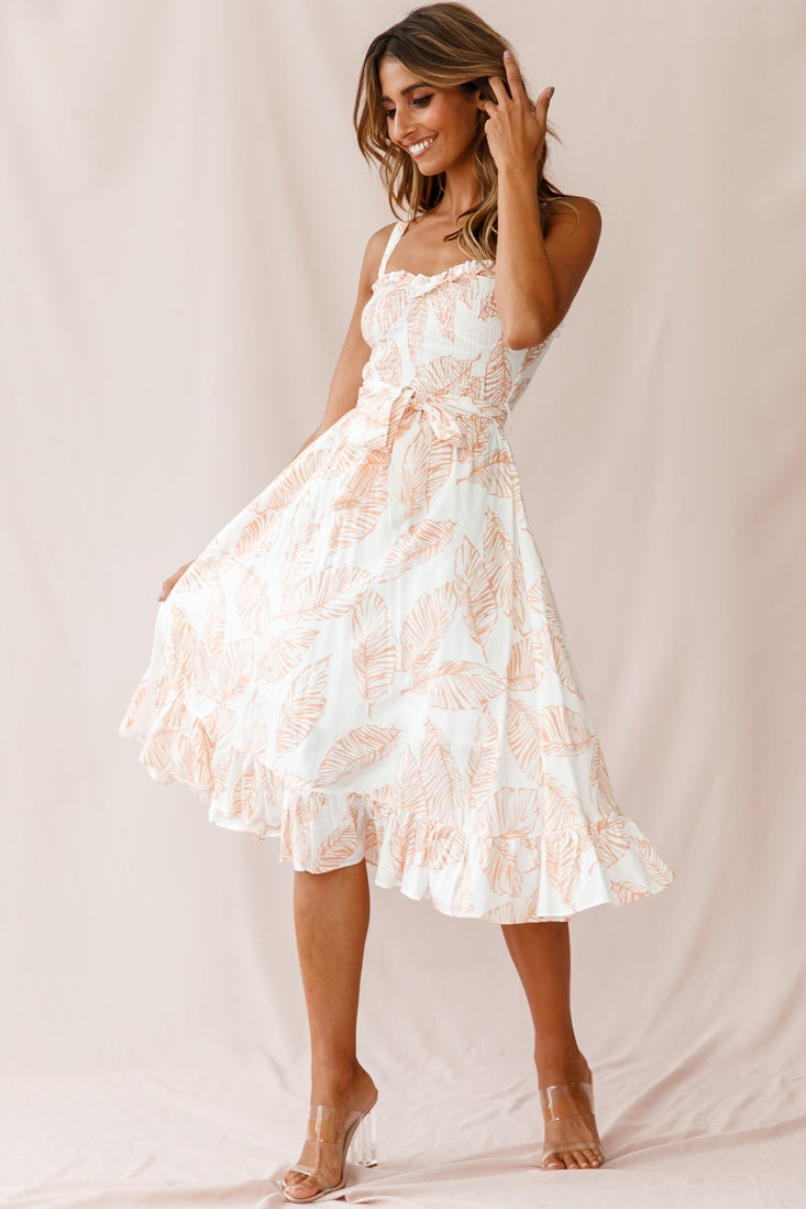 Honey Shirred Frill Midi Dress Nude Print by Selfie Leslie