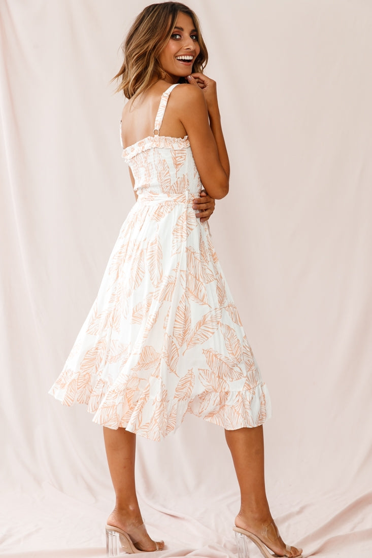 Honey Shirred Frill Midi Dress Nude Print by Selfie Leslie